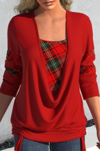Blusas vermelhas com estampa casual patchwork decote em V