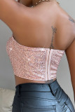 Gold Sexy Solid Sequins Patchwork Zipper Strapless Tops