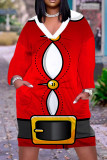Vestidos de manga longa com decote em V e estampa casual vermelho e branco