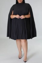 Zwarte casual effen split halve col geplooide grote maten jurken