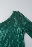 Groene sexy casual patchwork pailletten rugloze schuine kraag onregelmatige jurkjurken