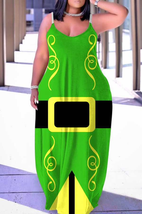 グリーン セクシー カジュアル プリント バックレス スパゲッティ ストラップ ロング ドレス ドレス