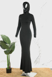 ブラック カジュアル ソリッド ベーシック フード付き カラー ロング ドレス ドレス