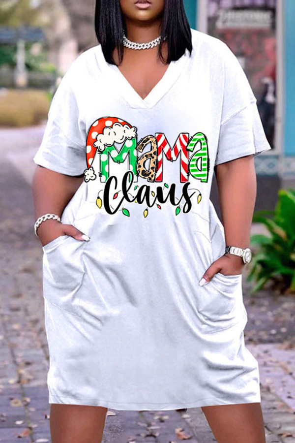 White Casual Print Basic V Neck Short Sleeve Dress