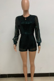 Black Sexy Solid Hollowed Out Sequins Patchwork Slit Zipper O Neck Loose Rompers