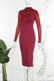 Burgundy Sexy Party Formal Patchwork Sequins See-through Half A Turtleneck Long Sleeve Dresses