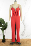Red Sexy Casual Solid Backless With Bow Rhinestone Spaghetti Strap Regular Jumpsuits