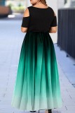 Verde Casual Cambio gradual Impresión Ahuecado Cuello en U Una línea Vestidos de talla grande