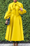 Gelbe, elegante, solide Patchwork-Kleider mit Schleife und O-Ausschnitt in A-Linie