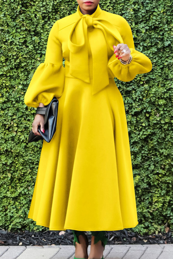 Желтые элегантные однотонные лоскутные платья с бантом и круглым вырезом