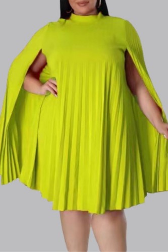 Verde amarelo casual fenda sólida meia gola alta plissada vestidos plus size