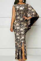 Zwart goud sexy bronzing patchwork split off-the-shoulder onregelmatige jurkjurken