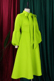 Фруктовые зеленые элегантные однотонные лоскутные платья с бантом и круглым вырезом