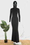 Black Casual Solid Basic Hooded Collar Long Dress Dresses