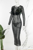 Black Sexy Party Formal Hot Drilling Patchwork See-through Beading O Neck Dresses