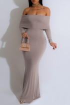Светло-коричневое повседневное однотонное длинное платье с открытой спиной и открытыми плечами Платья