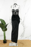 Borgonha sexy sólido retalhos transparente sem costas fenda espaguete cinta vestido longo vestidos