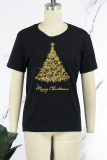 Schwarze T-Shirts mit Rundhalsausschnitt und Weihnachtsbaum-Patchwork im täglichen Party-Print