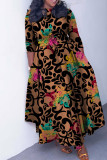 Brown Casual Print Basic O Neck Long Dress Plus Size Dresses
