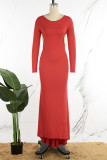 Red Casual Solid Backless O Neck Long Dress Dresses