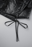 Ropa de abrigo casual con cuello con cremallera y frenillo liso negro