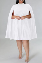 ホワイト カジュアル ソリッド スリット ハーフ タートルネック プリーツ プラス サイズ ドレス