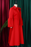 Patchwork solido rosso elegante con abiti a trapezio con fiocco o collo
