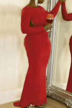 Robe longue rouge décontractée, couleur unie, dos nu, col rond