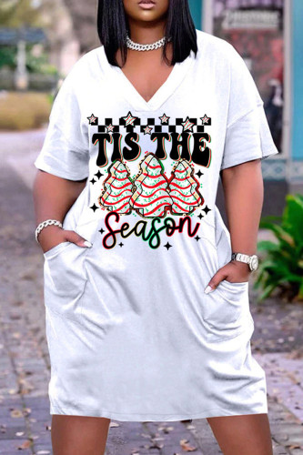 Black White Casual Print Basic V Neck Short Sleeve Dress