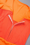 Оранжевые повседневные лоскутные платья с длинным рукавом и контрастным U-образным вырезом