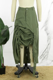 Verde casual sólido retalhos desenhar botões de corda zíper em linha reta cintura baixa reta cor sólida bottoms