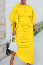 Желтые уличные однотонные лоскутные длинные платья с круглым вырезом и складками
