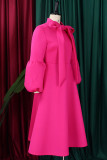 Rosa rojo elegante patchwork liso con lazo O cuello vestidos de una línea