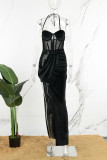 Robe longue noire Sexy, couleur unie, transparente, dos nu, fente, bretelles Spaghetti, robes
