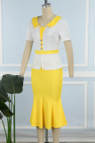 White Yellow Sexy Color Block Patchwork Buttons Slit Turndown Collar Princess Dresses
