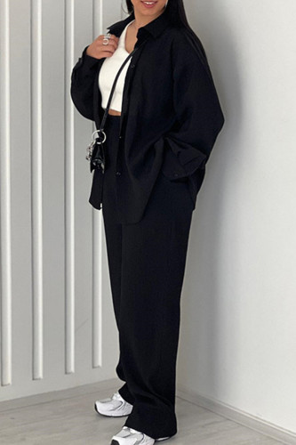 Black Sweet Solid Patchwork Pocket Buckle Shirt Collar Long Sleeve Two Pieces