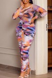 Multicolor Casual Print Fold O Neck Long Dress Dresses