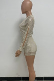 Silver White Sexy Solid Hollowed Out Sequins Patchwork Slit Zipper O Neck Loose Rompers