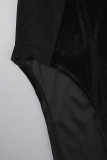 ブラック セクシー ソリッド パッチワーク シースルー バックレス スリット スパゲッティ ストラップ ロング ドレス ドレス