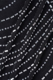 Zwarte sexy feestformele hete boren patchwork doorzichtige kralen O-halsjurken
