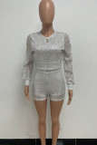Grey Sexy Solid Hollowed Out Sequins Patchwork Slit Zipper O Neck Loose Rompers