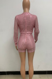 Pink Gold Sexy Solid Hollowed Out Sequins Patchwork Slit Zipper O Neck Loose Rompers