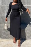 Black Casual Solid Fold Oblique Collar Long Sleeve Dresses