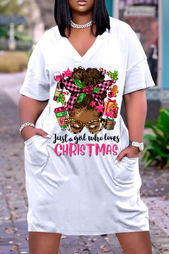 White Pink Casual Print Basic V Neck Short Sleeve Dress