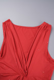 Röda Casual solida paljetter V-hals ärmlösa klänningar
