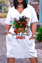 White Brown Casual Print Basic V Neck Short Sleeve Dress