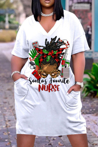 White Brown Casual Print Basic V Neck Short Sleeve Dress