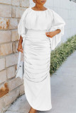 Белые уличные однотонные лоскутные длинные платья с круглым вырезом и складками