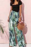 Green Casual Print Patchwork Draw String Straight High Waist Straight Full Print Bottoms