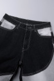 Schwarze Street-Farbblock-Patchwork-Taschenknöpfe, kontrastierender Reißverschluss, hohe Taille, lockere Denim-Jeans
